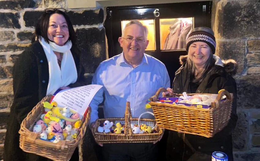 Susan Mayall & Suzanne Wright deliver Easter Chicks to David Ireland from Francis House Children's Hospice