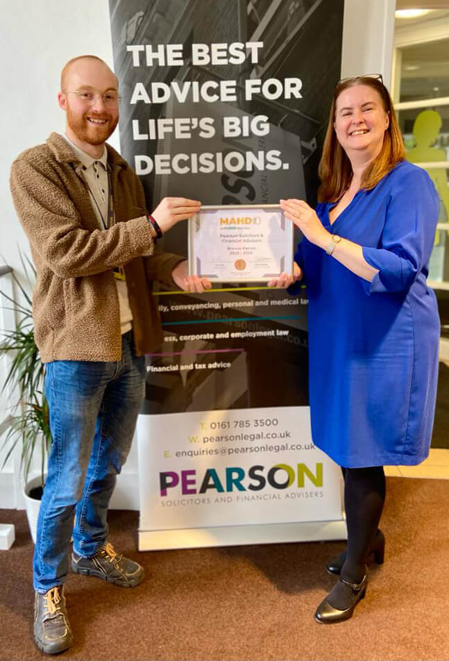 Pamela Walsh accepting Mahdlo Patron Certificate at Pearson Solicitors in Oldham